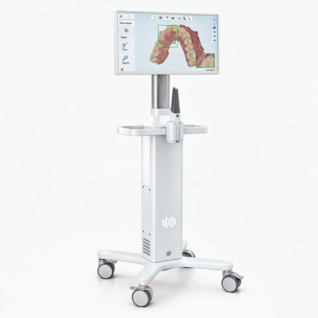 Station de numérisation iFlow blanc brillant, isolée sur fond blanc avec son écran et son support de scanner